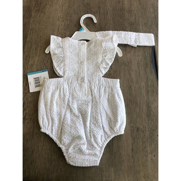 Little Me White and Gold Ruffle Floral Embroidered Onesie and Headband - 6M - Picture 2 of 2